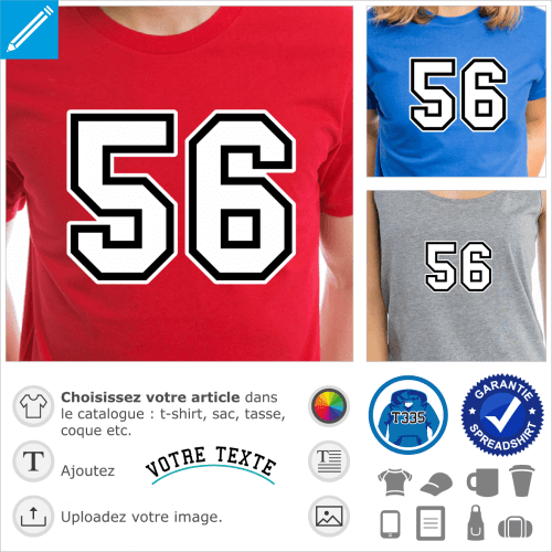 Imprimer un t-shirt numro 56 personnalis en ligne avec ce design en typo college universit aux grands chiffres rectangulaires.