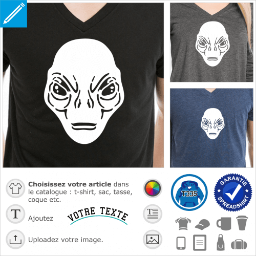 Tte d'Alien dessin en aplats et dcoupes, un design pour l'impression de t-shirts.