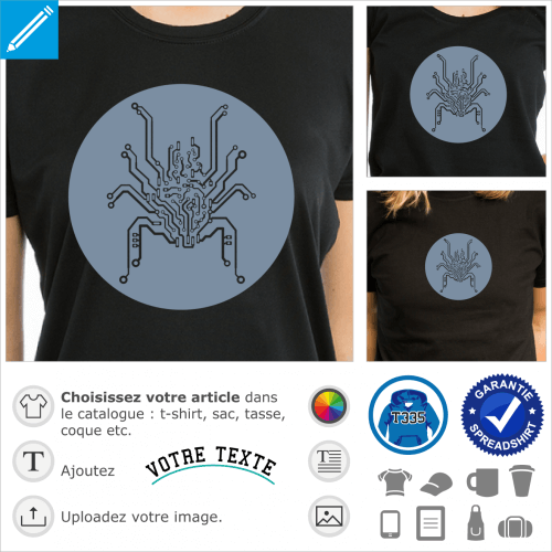 Araigne bionique dcoupe sur un fond plein circulaire. L'araigne est compose de lignes et connecteurs de circuit imprime. Design geek une couleur.
