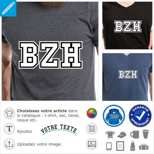 BZH écrit en typo droite et simple deux couleurs à personnaliser, motif spécial impression t-shirt.