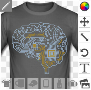 Cerveau dessiné en circuit imprimé, design geek deux couleurs personnalisables composé de lignes et aplats, sans couleur de fond. Le cerveau laisse ap