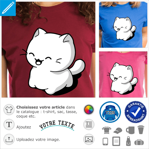 Chat kawaii rieur dessiné de 3 quarts. Le chaton kawaii est à quatre pattes. Chat personnalisé.