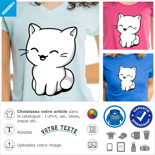 Chaton kawaii assis, dessin en 3 couleurs. Le chat a un visage rieur. Couleur et taille personnalisables. Personnaliser un t-shirt kawaii en ligne.