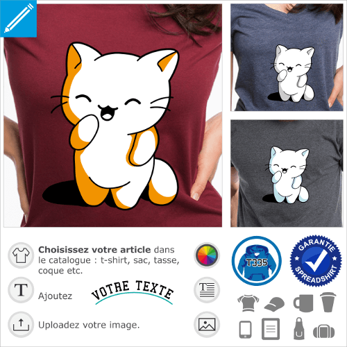 Chaton kawaii debout sur ses pattes arrires. Le chat a une expression hilare. Chaton trois couleurs opaque. Personnaliser un t-shirt chaton kawaii.