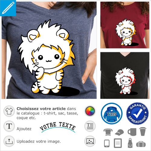 Chaton kawaii rigolo portant une capuche crinire de lion. Chat mignon 3 couleurs.