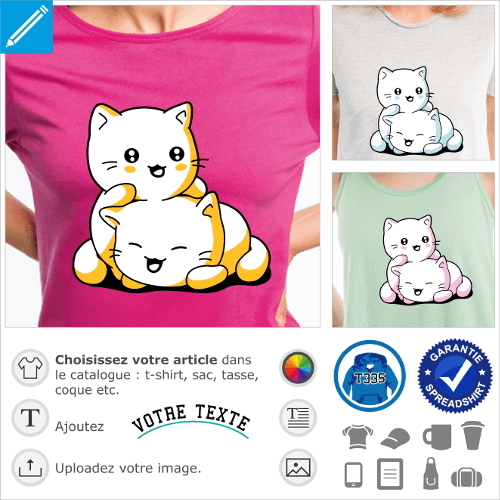 T-shirt chatons kawaii rigolos serrés l'un contre l'autre. Personnaliser un t-shirt chaton mignon.