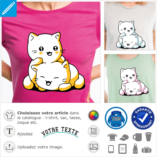 T-shirt chatons kawaii rigolos serrs l'un contre l'autre. Personnaliser un t-shirt chaton mignon.