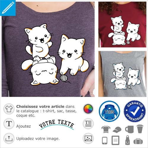 Trio de chatons rigolos en style kawaii,  personnaliser et imprimer sur t-shirt.