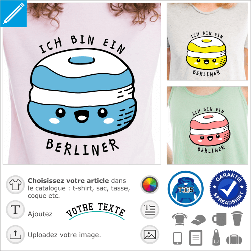 T-shirt citations drles, design humour avec citation de Kennedy Ich bin ein Berliner, et beignet kawaii