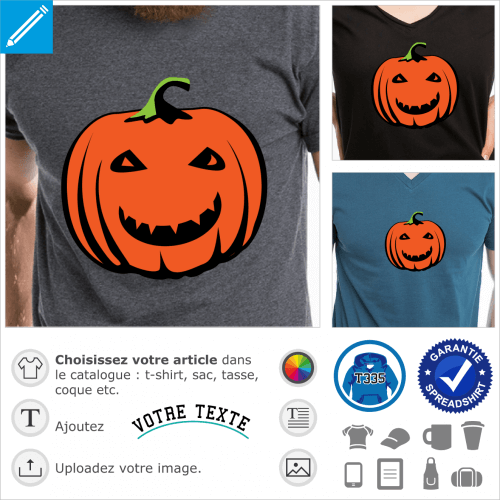 Citrouille  grand sourire et petits yeux rieurs, avec effet relief et chapeau en tige, un design Halloween pour impression de t-shirt.