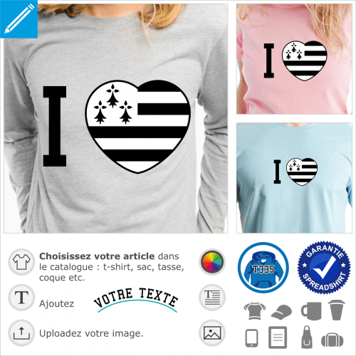 Coeur et drapeau breton, motif j'aime la Bretagne.