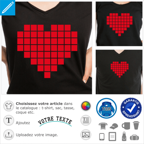 Coeur dessiné en pixels, un motif geek et pixel art.