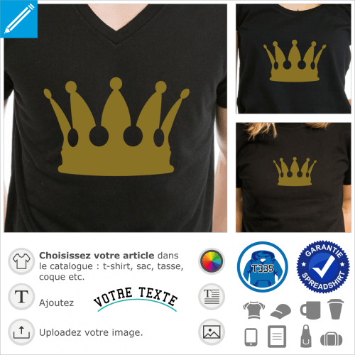 Couronne de roi personnalisable  imprimer en dor ou argent sur un t-shirt personnalis.