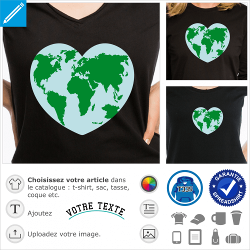 Earth / heart, i love earth, j'aime la terre. Design écologie avec carte du monde en forme de cœur.