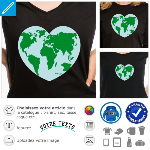 Earth / heart, i love earth, j'aime la terre. Design cologie avec carte du monde en forme de cur.