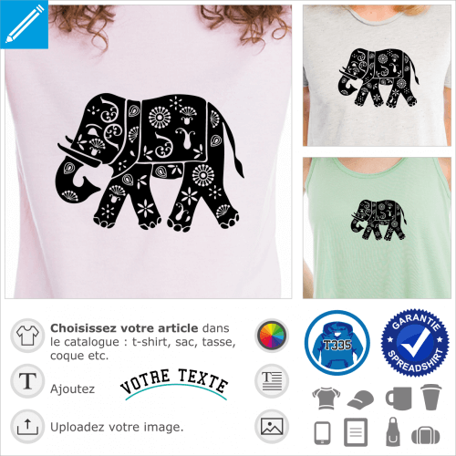 Elephant indien dcor de fleurs et motifs indiens classiques, un design spcial impression t-shirt, cadeau, tasse etc.