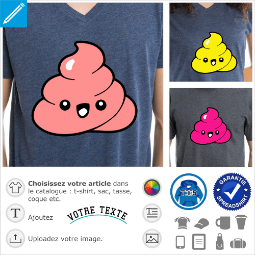 Emoji caca kawaii, emoji humour en forme de crotte 3 couleurs  imprimer sur t-shirt.