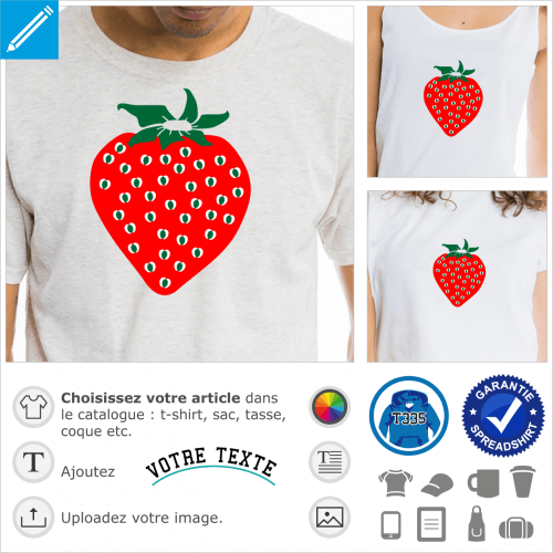 Fraise pleine  ppins et collerette stylise, spciale impression sur t-shirt.