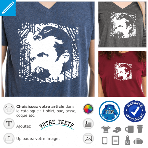 Friedrich Nietzsche, portrait du philosophe  imprimer en clair sur t-shirt ou accessoire fonc.