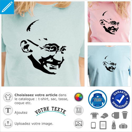 Gandhi, portant ses lunettes rondes, souriant, portrait  imprimer sur t-shirt ou cadeau.