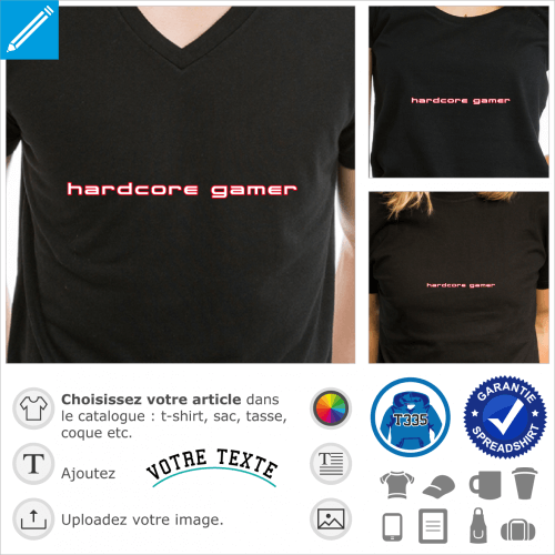 Hardcore gamer, crit en lettres fines cernes d'un contour fin, un design gaming et jeu vido.