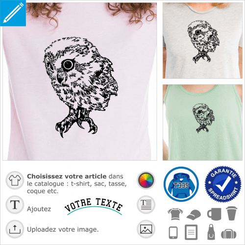 Hibou bb dessin en style encre de chine et traits fins, image png transparente haute rsolution pour impression sur t-shirt, sac, accessoire...