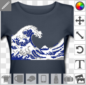 Hokusai, la vague, estampe adaptée en pixel art à imprimer sur t-shirt, tasse, cadeau.
