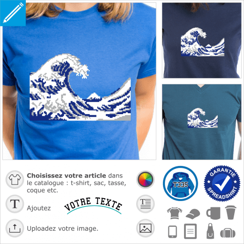 Hokusai, la vague, estampe adapte en pixel art  imprimer sur t-shirt, tasse, cadeau.