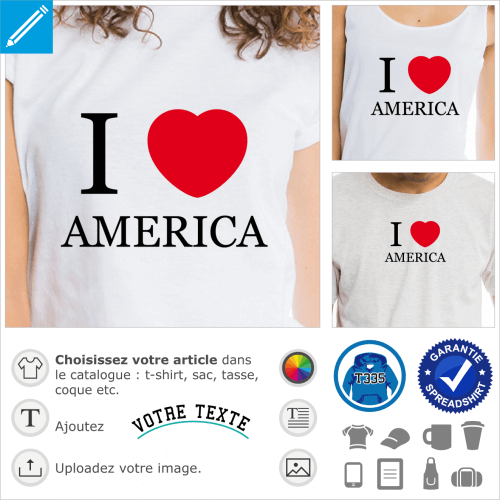 I love America, cur rond et typo Times simple, design USA deux couleurs.