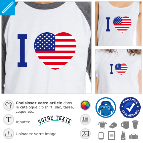 I love America, gros cur au couleurs du drapeau amricain  imprimer sur t-shirt.