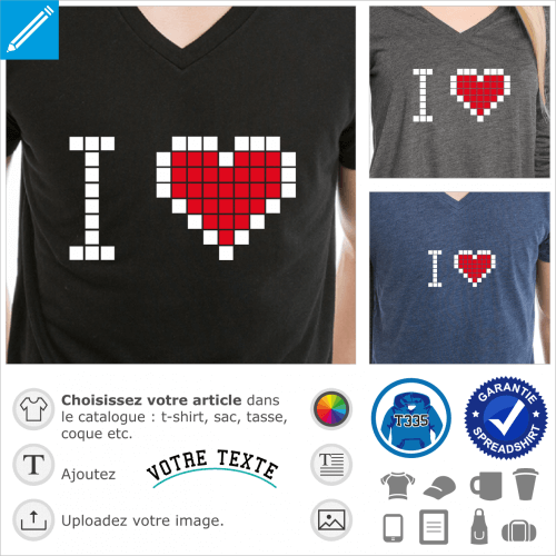 I love geek, cur dessin en pixels, un design 2 couleurs  imprimer en ligne sur t-shirt, tasse, sac, etc.