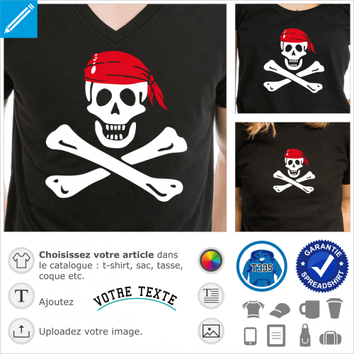 Emblme pirate Jolly Roger  os croiss  imprimer en blanc sur noir.