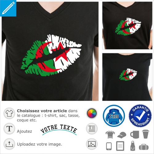 T-shirt drapeau algérien. Kiss Algérie, drapeau sur des lèvres