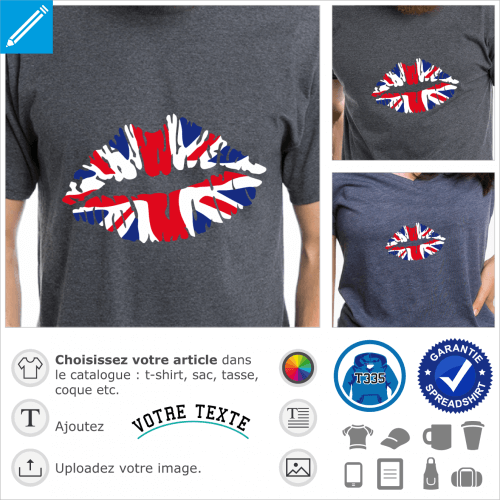 Drapeau anglais simplifi, peint avec effet de volume sur des lvres stylises. I love UK.