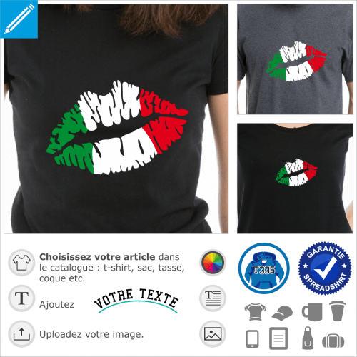 Kiss Italie, drapeau italien peint sur une bouche. Bandes verticales 3 couleurs sur une bouche.