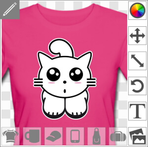Chaton kawaii dessiné de face avec la queue dépassant au dessus de la tête et les pattes rondes collées l'une contre l'autre. Le chat a des moustaches