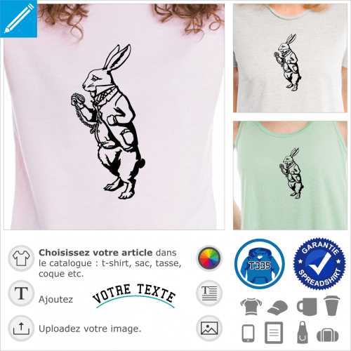 Lapin blanc d'Alice, dessin adapt de l'illustration originale,  imprimer sur t-shirt, cadeau, tasse etc.