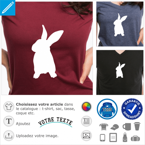 Lapin, picto de face oreilles dresse, design une couleur spcial impression de t-shirt. Suis le lapin blanc.