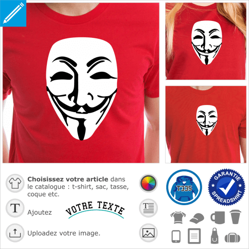 Masque anonymous et traits fins, un design geek spcial personnalisation de t-shirt.