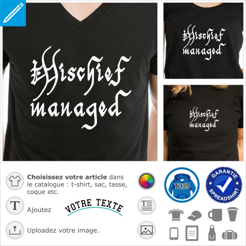 Mischief Managed, citation Harry Potter, en typo gothique fine  personnaliser.