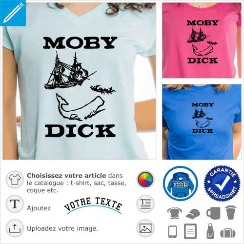 Moby Dick, titre du roman, baleinier et cachalot styliss.