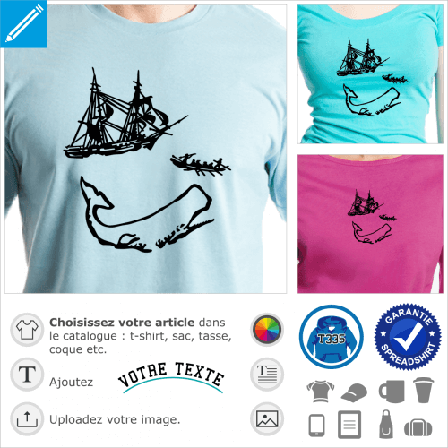 Moby Dick, illustration du roman, scne de chasse  la baleine une couleur personnalisable.