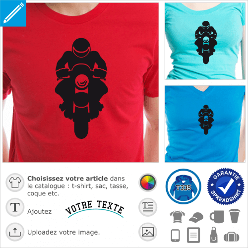 Motard à casque rond et grosse moto dessiné en format personnalisable.