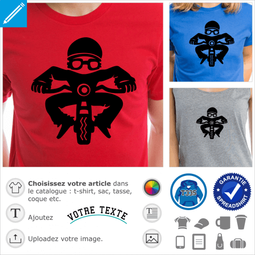 Motard rigolo, petit personnage simple sur une moto, dessin de face,  imprimer sur t-shirt.