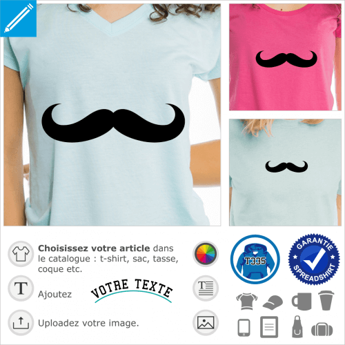 Moustache rigolote  boucles larges, design uni pour personnalisation de t-shirts, cadeaux, accessoires.