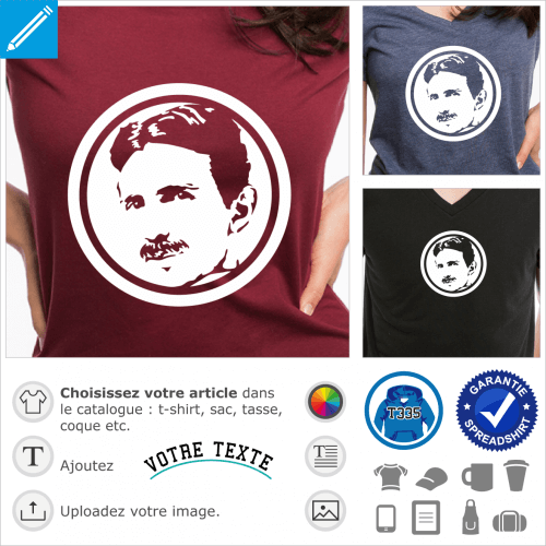 Nikola Tesla, portrait en ngatif  imprimer en clair sur t-shirt sombre.