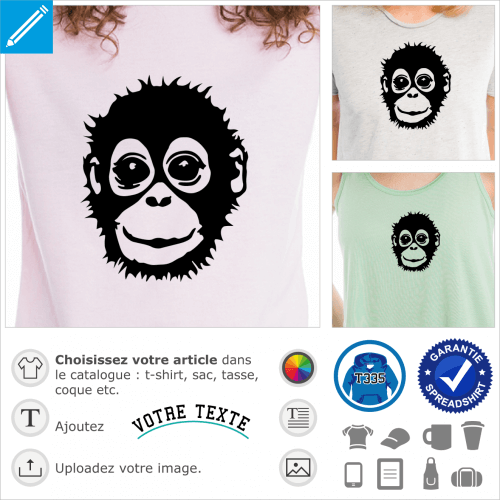 Orang outan, bb singe stylis au visage rieur, pour impression sur t-shirt ou accessoire clair.