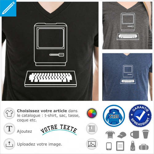 Ordinateur dessin en traits fins, mac vintage  personnaliser, un design geek et retrogaming spcial impression sur t-shirt.