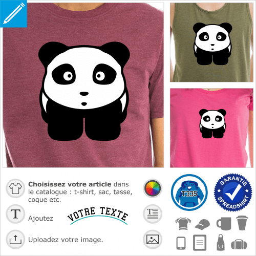 Panda kawaii un peu trapu avec un tout petit nez et une expression mi attentive mi tonne. Le panda 2 couleurs est dessin de face. Sa tte semi rect