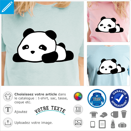 T-shirt panda kawaii couché et pattes allongées, motif panda noir et blanc à personnaliser et imprimer